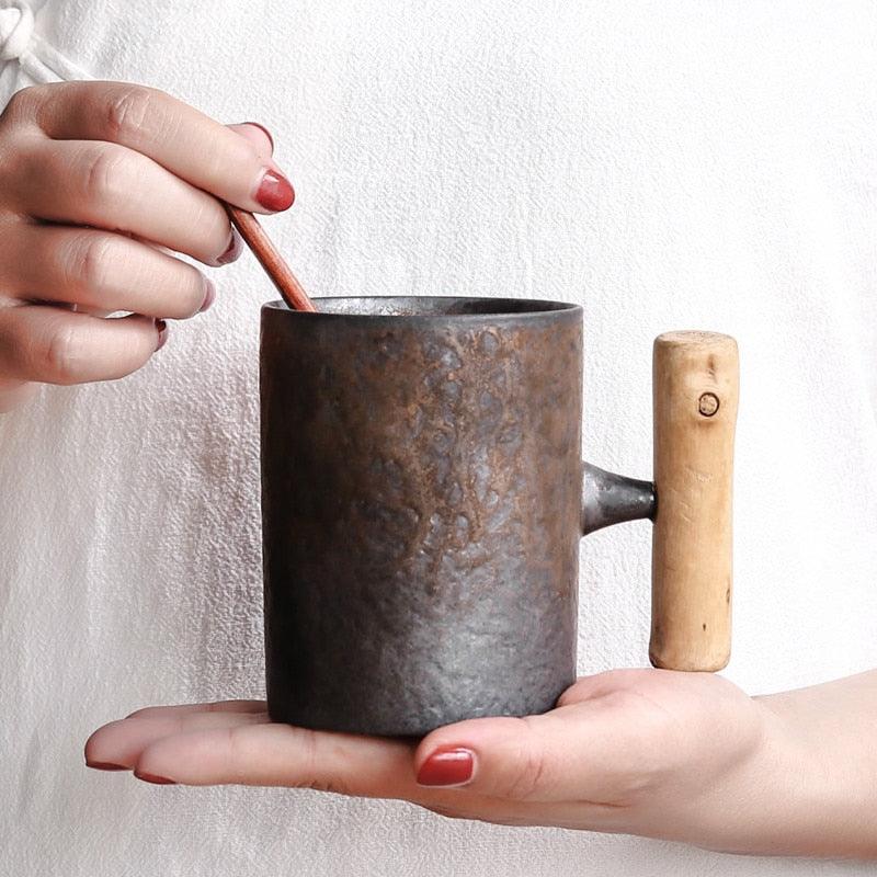 {{ collection.title }} - Japanese style Vintage Ceramic Coffee Mug tea Cup Tumbler Rust Glaze Office Tea Milk Beer Mug with spoon Wood Handle Water Cup - Cuppio
