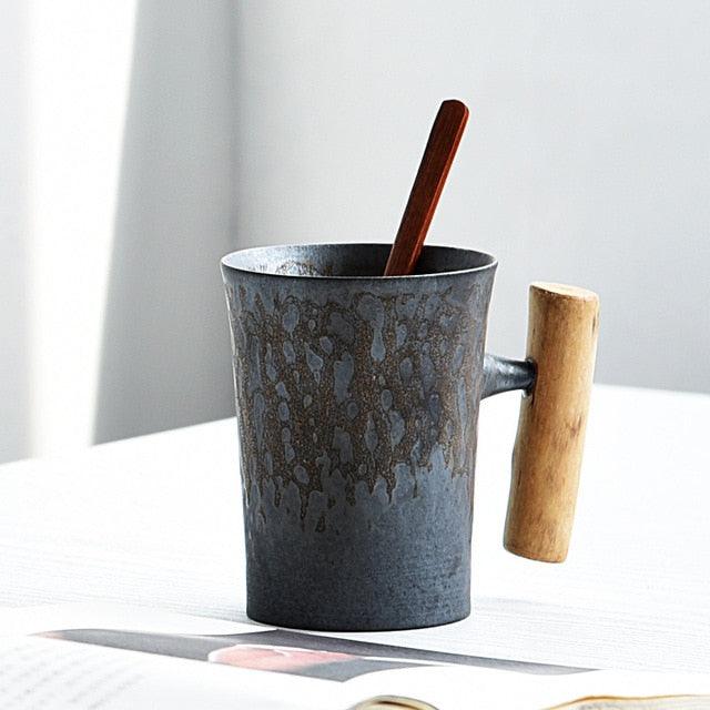 {{ collection.title }} - Japanese style Vintage Ceramic Coffee Mug tea Cup Tumbler Rust Glaze Office Tea Milk Beer Mug with spoon Wood Handle Water Cup - Cuppio